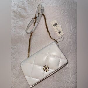 Tory Burch White Quilted Leather Crossbody with Gold Chain